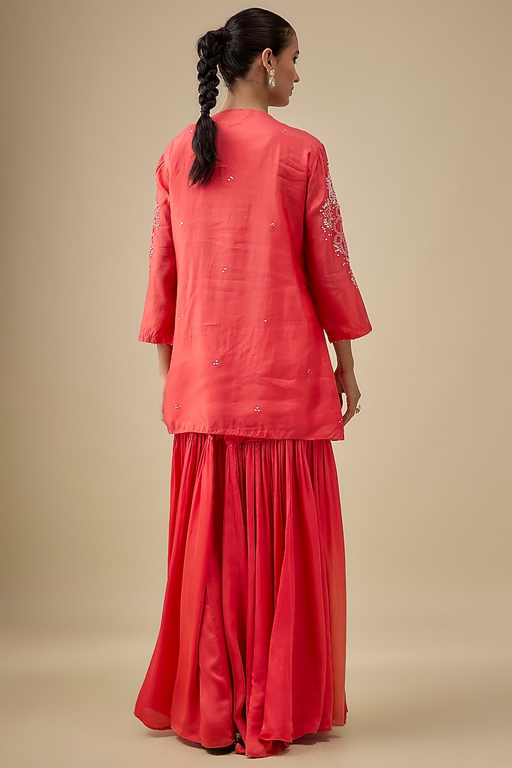 Scarlet Red Modal Satin Floral Sequins Embroidered Party Wear Sharara Set by One not two at Pernia's Pop Up Shop