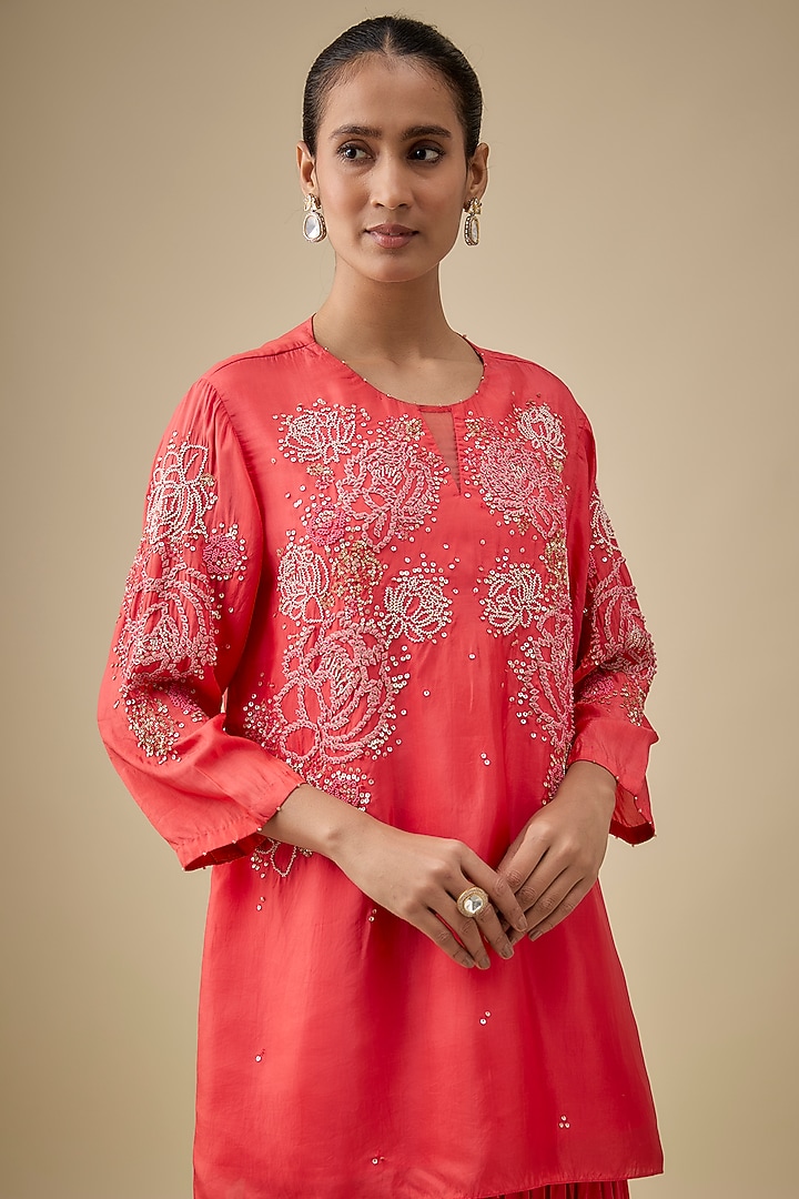 Scarlet Red Modal Satin Floral Sequins Embroidered Party Wear Sharara Set by One not two at Pernia's Pop Up Shop