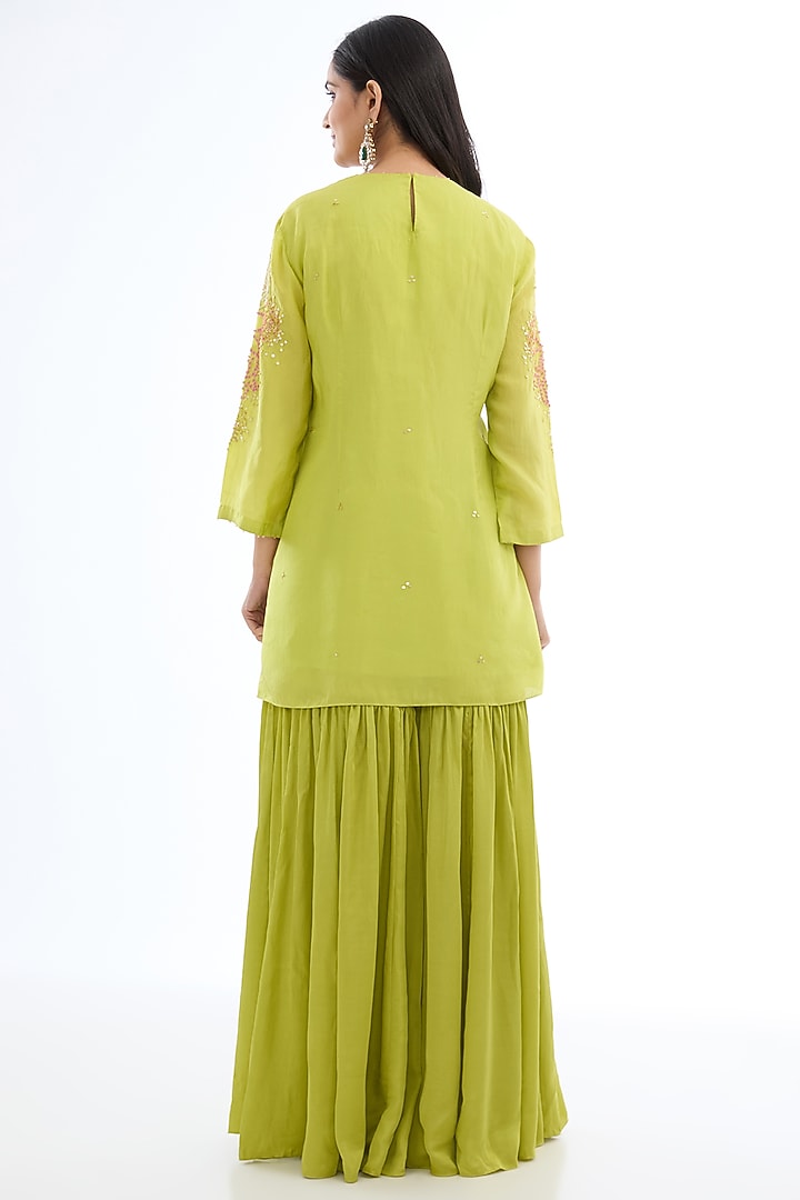Green Modal Satin Party Wear Sharara Set by One not two at Pernia's Pop Up Shop