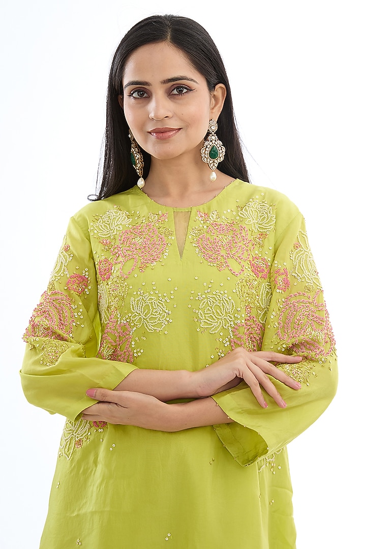 Green Modal Satin Party Wear Sharara Set by One not two at Pernia's Pop Up Shop