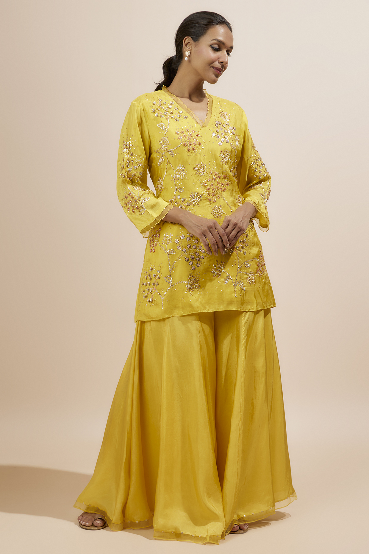 Yellow Viscose Silk Crushed Gharara Set by One not two at Pernia's Pop Up Shop