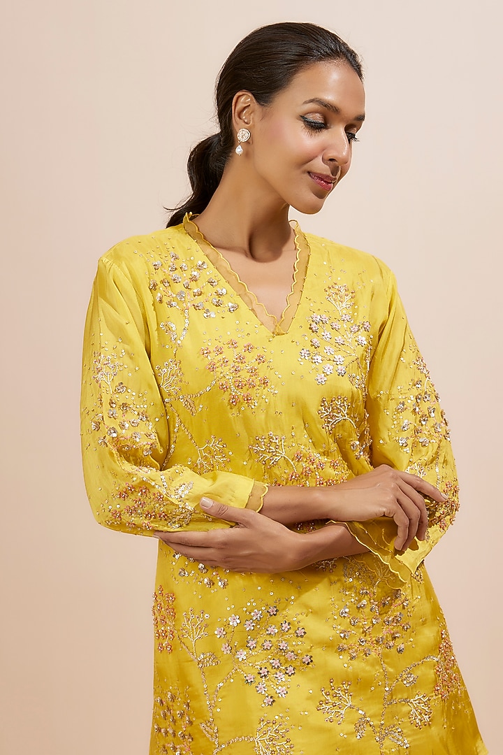 Yellow Viscose Silk Crushed Gharara Set by One not two at Pernia's Pop Up Shop