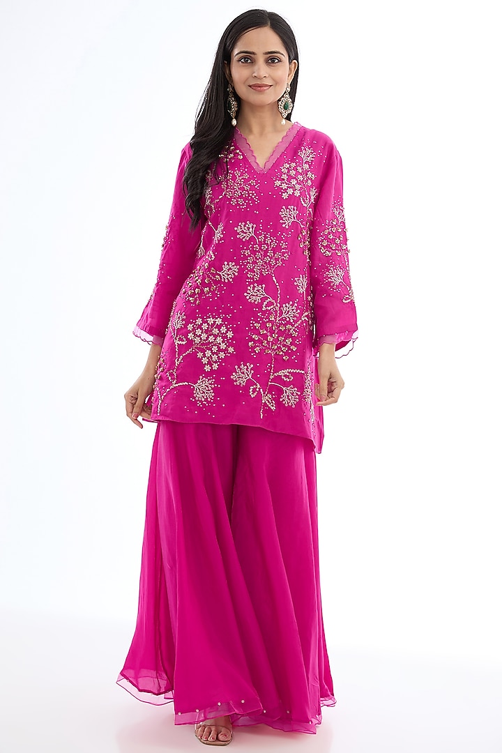 Pink Viscose Silk Crushed Gharara Set by One not two