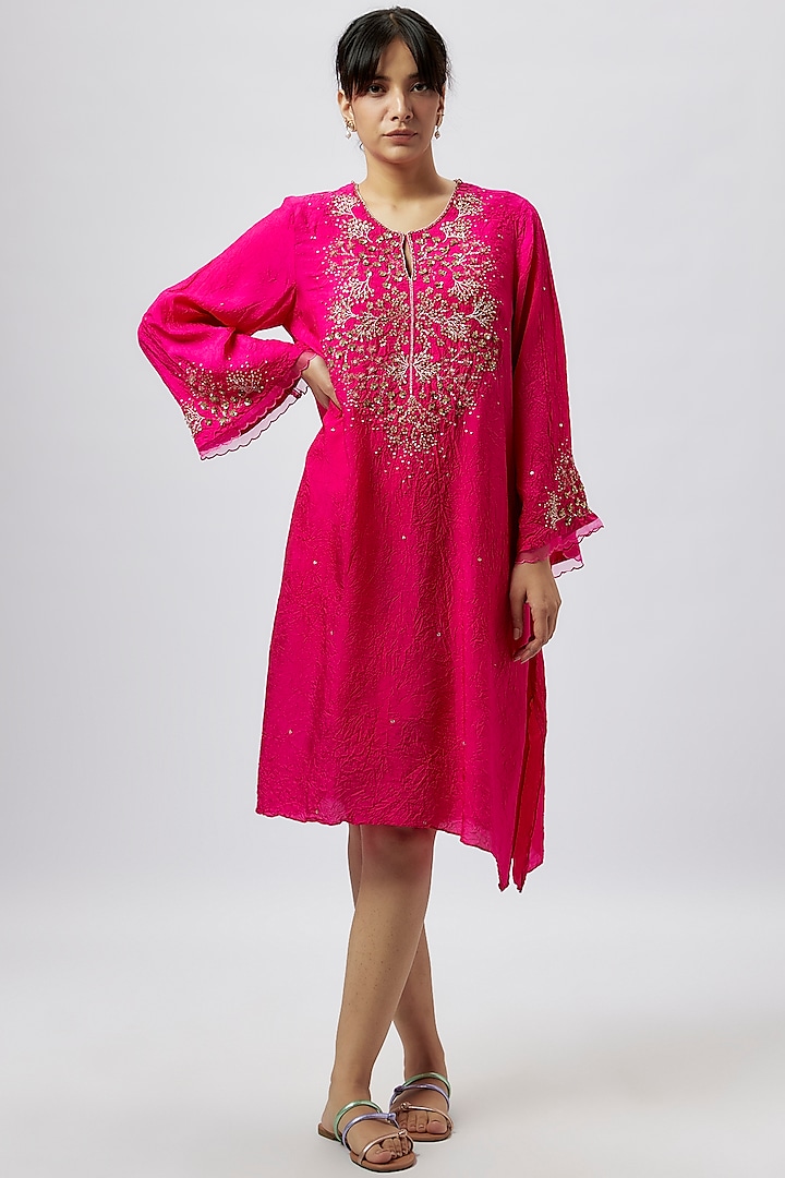 Pink Viscose Silk Sequins & Beads Embroidered Kurta by One not two
