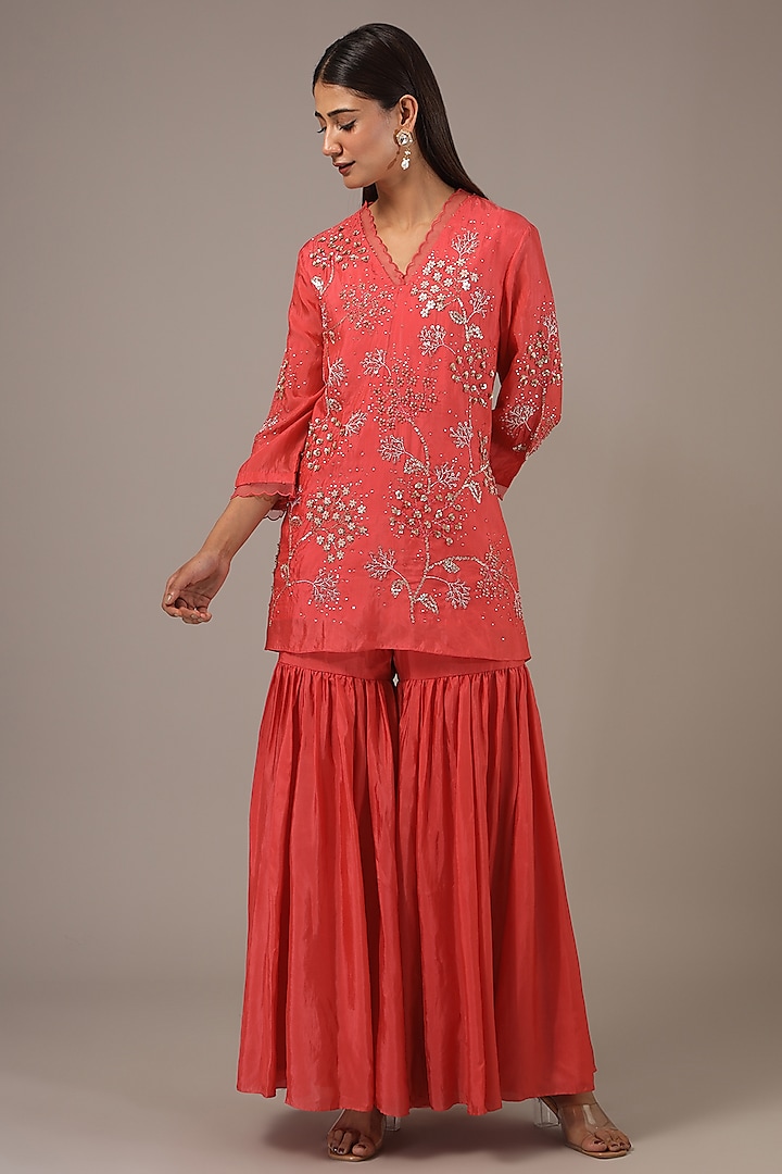 Scarlet Orange Viscose Silk Sharara Set by One not two at Pernia's Pop Up Shop