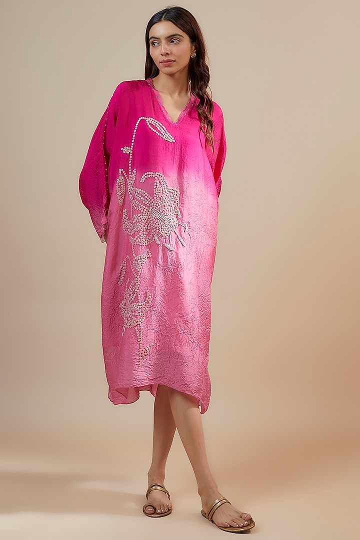 Pink Ombre Viscose Silk Hand & Machine Embroidered Kurta by One not two at Pernia's Pop Up Shop