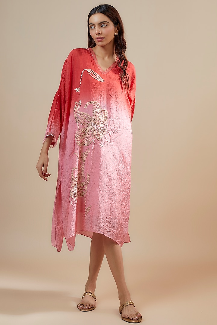 Coral Ombre Viscose Silk Hand & Machine Embroidered Kurta by One not two at Pernia's Pop Up Shop