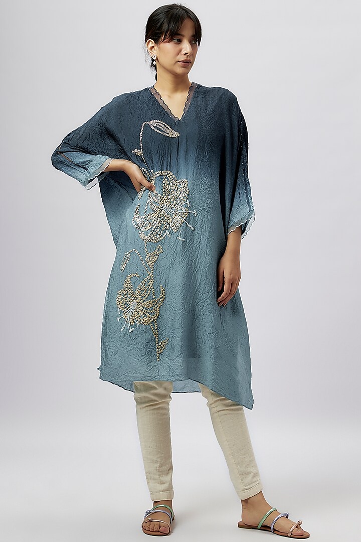 Blue Viscose Silk Sequins & Beads Embroidered Kurta by One not two
