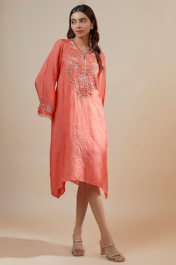 Orange Viscose Silk Floral & Sequins Embroidered Kurta by One not two at Pernia's Pop Up Shop