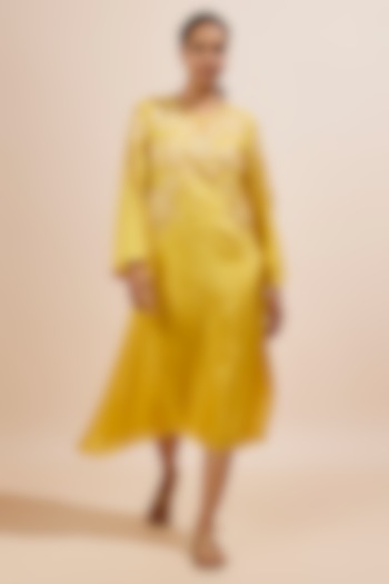 Mango Yellow Viscose Silk Applique Floral Beads Embroidered Kurta by One not two at Pernia's Pop Up Shop