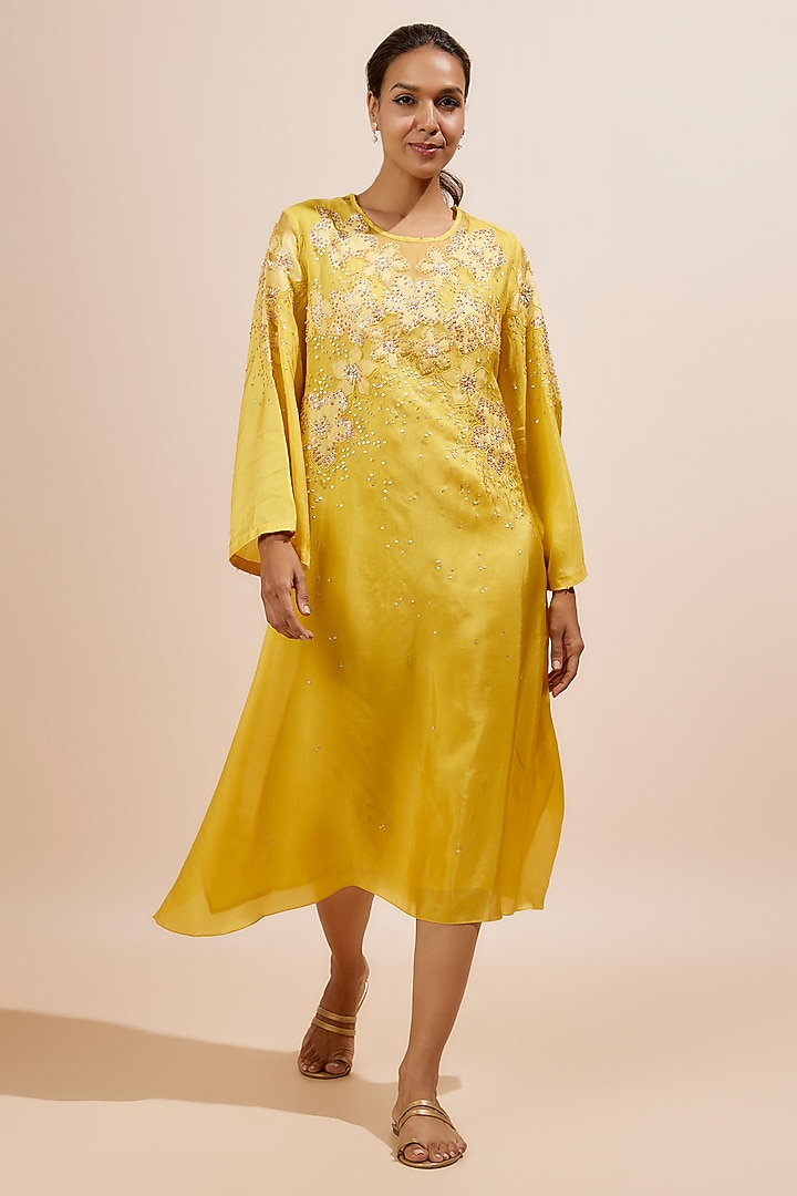 Mango Yellow Viscose Silk Applique Floral Beads Embroidered Kurta by One not two at Pernia's Pop Up Shop