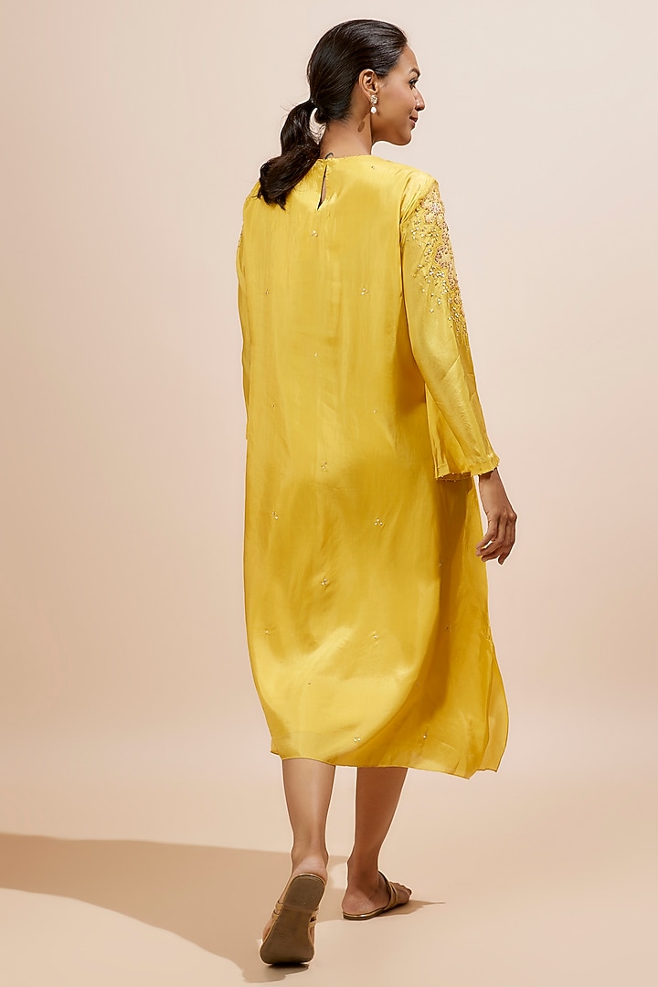 Mango Yellow Viscose Silk Applique Floral Beads Embroidered Kurta by One not two at Pernia's Pop Up Shop