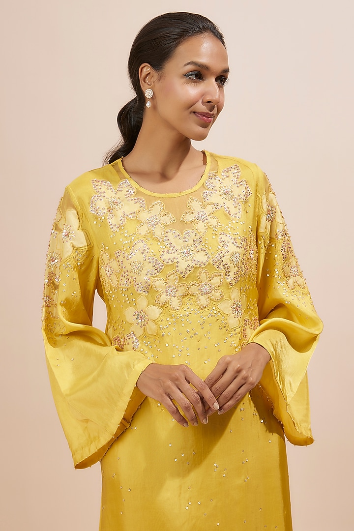 Mango Yellow Viscose Silk Applique Floral Beads Embroidered Kurta by One not two at Pernia's Pop Up Shop