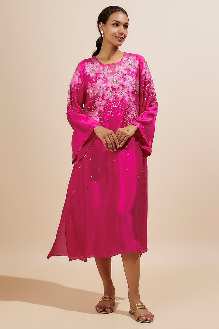 Hot Pink Viscose Silk Applique Floral Beads Embroidered Kurta by One not two