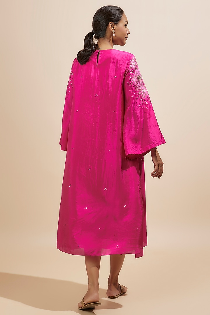 Hot Pink Viscose Silk Applique Floral Beads Embroidered Kurta by One not two at Pernia's Pop Up Shop