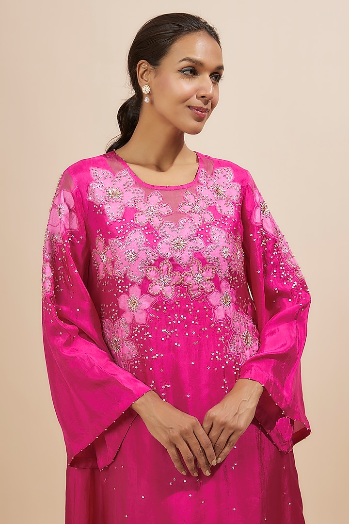 Hot Pink Viscose Silk Applique Floral Beads Embroidered Kurta by One not two at Pernia's Pop Up Shop
