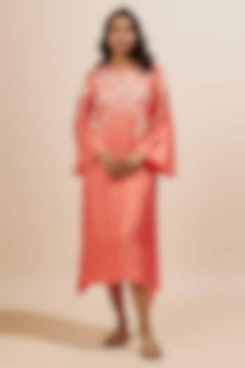 Coral Viscose Silk Applique Floral Beads Embroidered Kurta by One not two at Pernia's Pop Up Shop