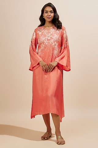 Coral Viscose Silk Applique Floral Beads Embroidered Kurta by One not two