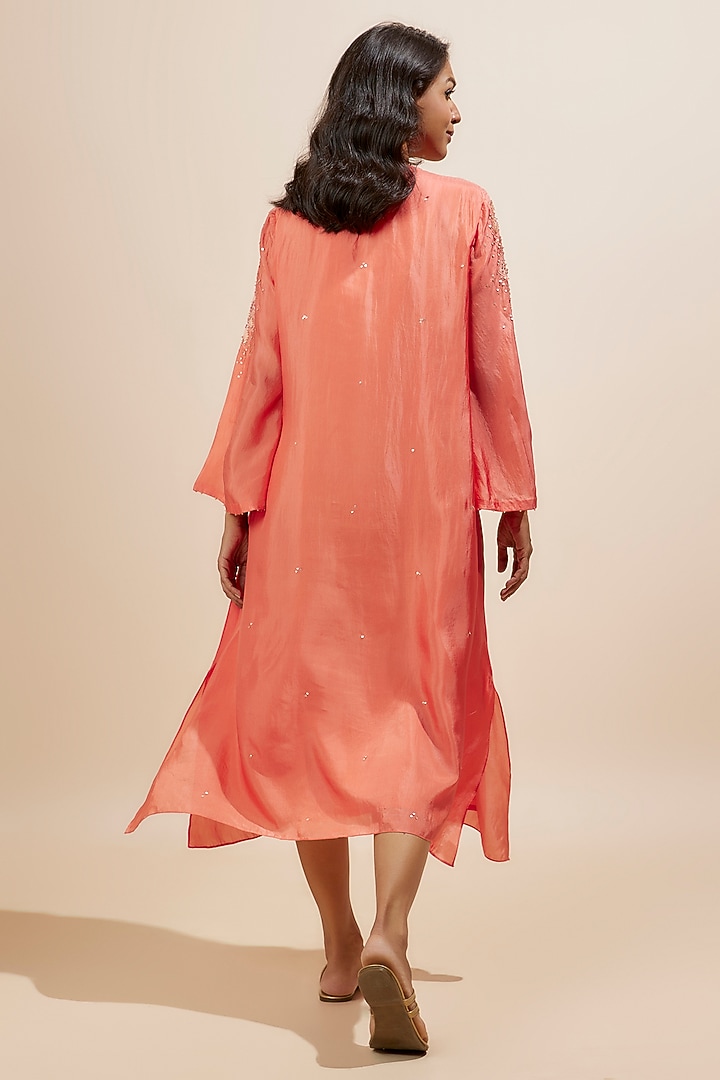 Coral Viscose Silk Applique Floral Beads Embroidered Kurta by One not two at Pernia's Pop Up Shop