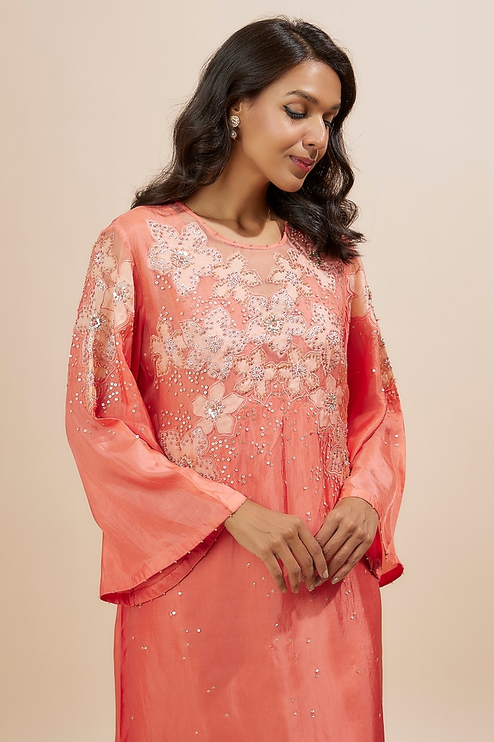 Coral Viscose Silk Applique Floral Beads Embroidered Kurta by One not two at Pernia's Pop Up Shop