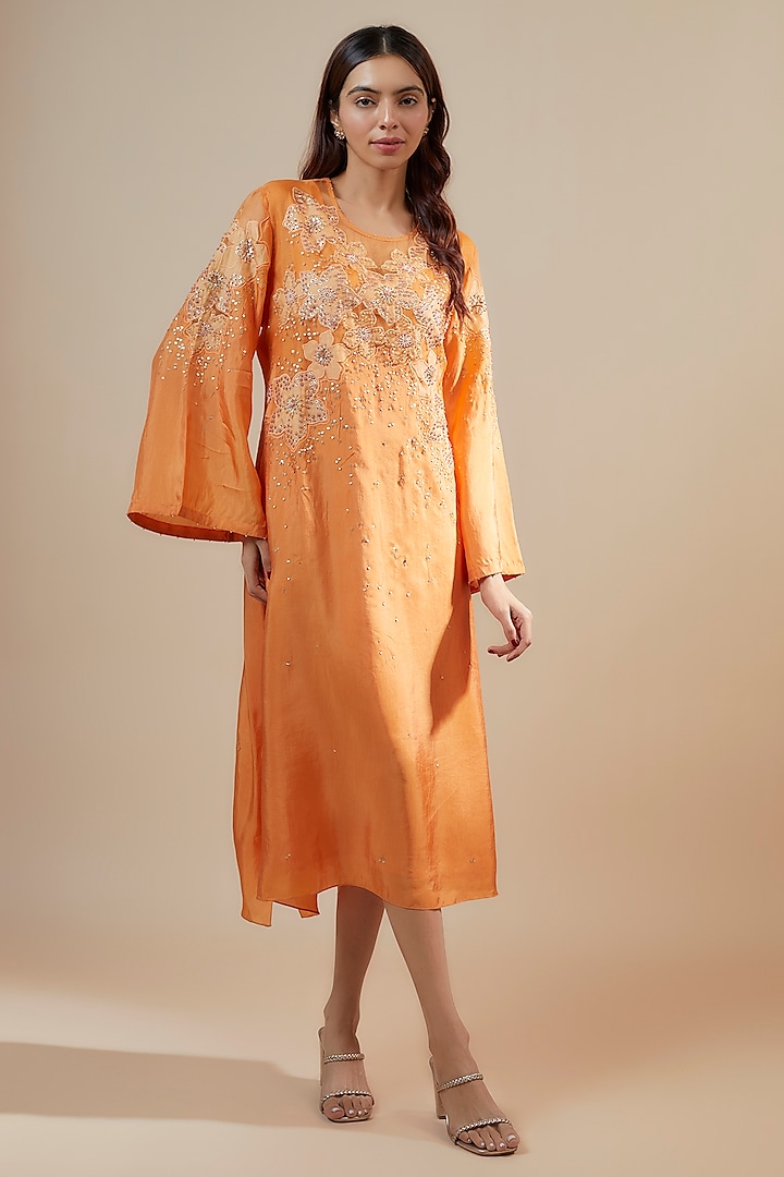 Papaya Orange Viscose Silk Applique & Floral Embroidered Kurta by One not two at Pernia's Pop Up Shop