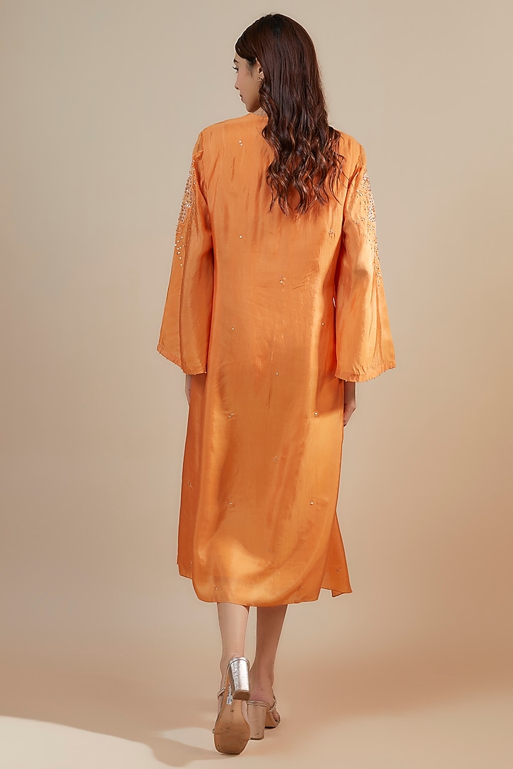 Papaya Orange Viscose Silk Applique & Floral Embroidered Kurta by One not two at Pernia's Pop Up Shop
