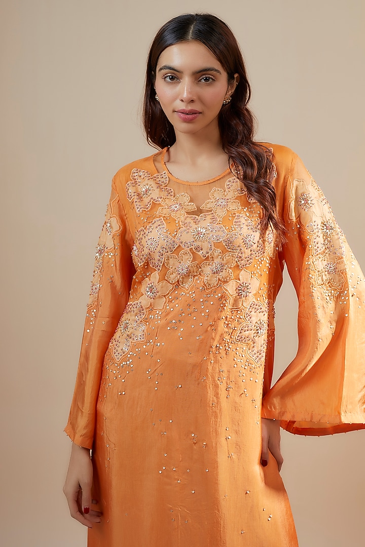 Papaya Orange Viscose Silk Applique & Floral Embroidered Kurta by One not two at Pernia's Pop Up Shop