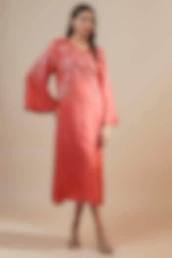 Scarlet Red Viscose Silk Applique & Floral Embroidered Kurta by One not two at Pernia's Pop Up Shop