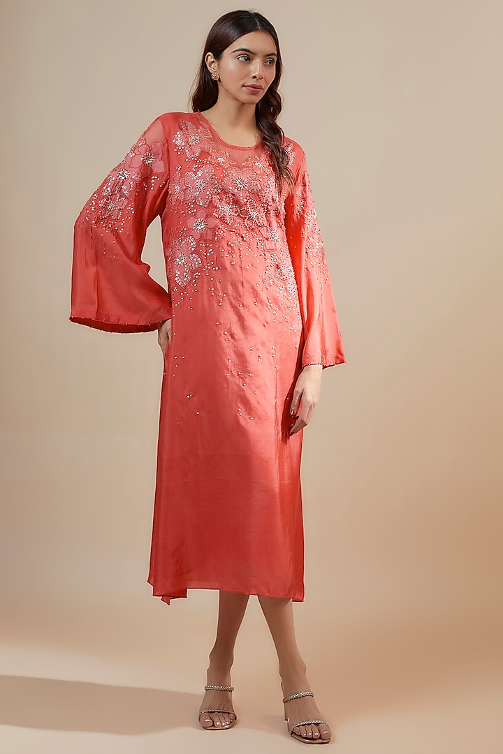 Scarlet Red Viscose Silk Applique & Floral Embroidered Kurta by One not two at Pernia's Pop Up Shop