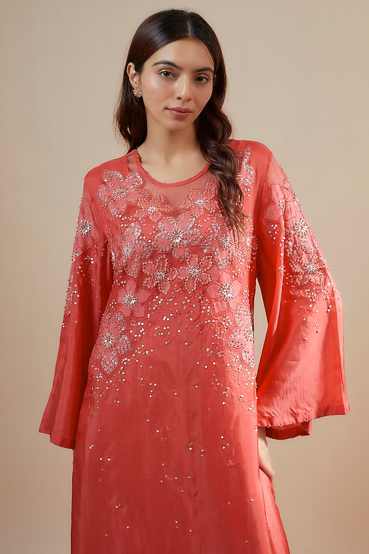 Scarlet Red Viscose Silk Applique & Floral Embroidered Kurta by One not two at Pernia's Pop Up Shop