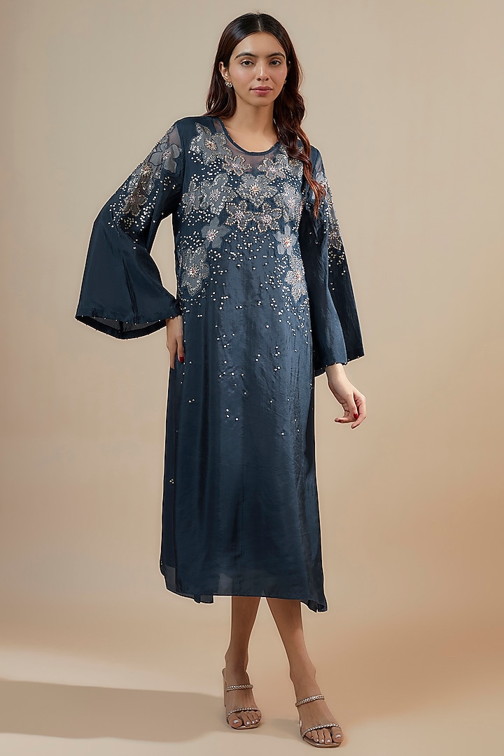 Navy Blue Viscose Silk Applique & Floral Embroidered Kurta by One not two at Pernia's Pop Up Shop