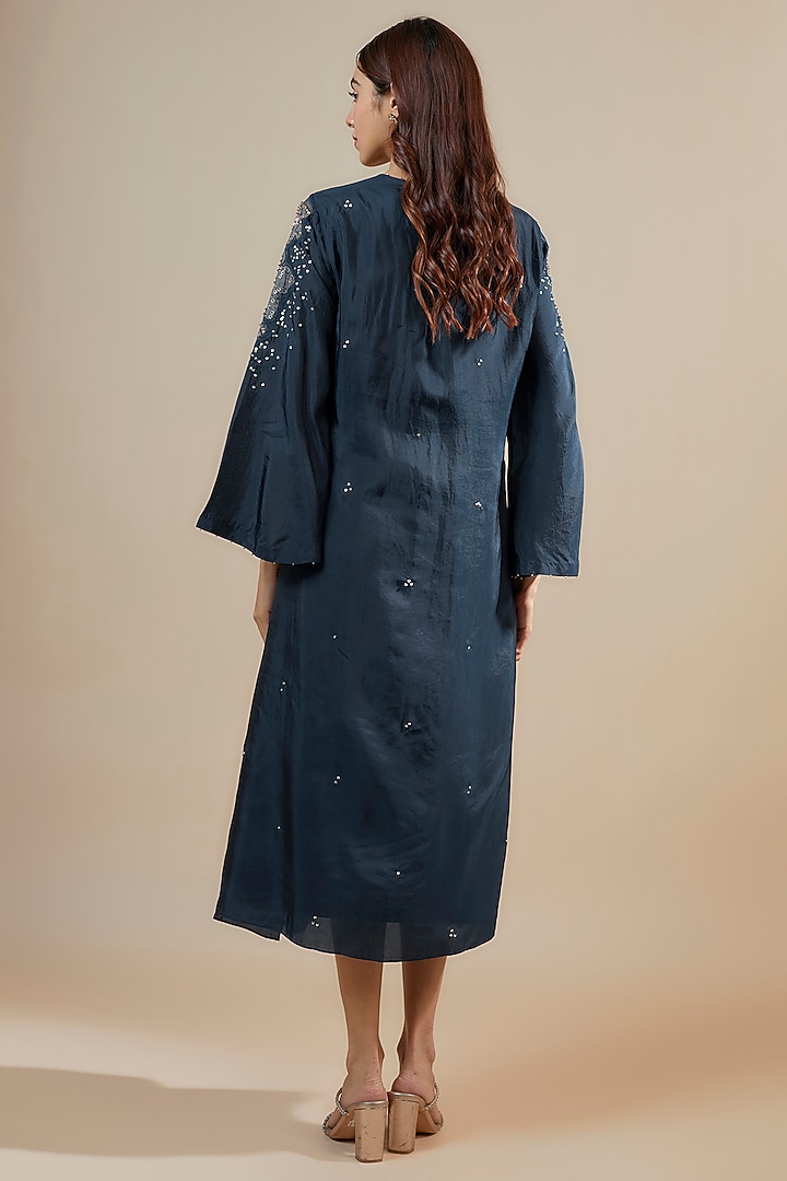 Navy Blue Viscose Silk Applique & Floral Embroidered Kurta by One not two at Pernia's Pop Up Shop