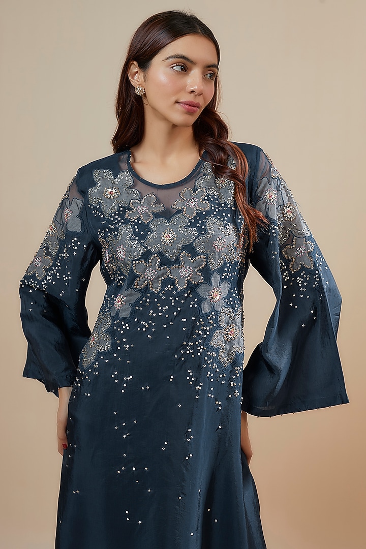 Navy Blue Viscose Silk Applique & Floral Embroidered Kurta by One not two at Pernia's Pop Up Shop