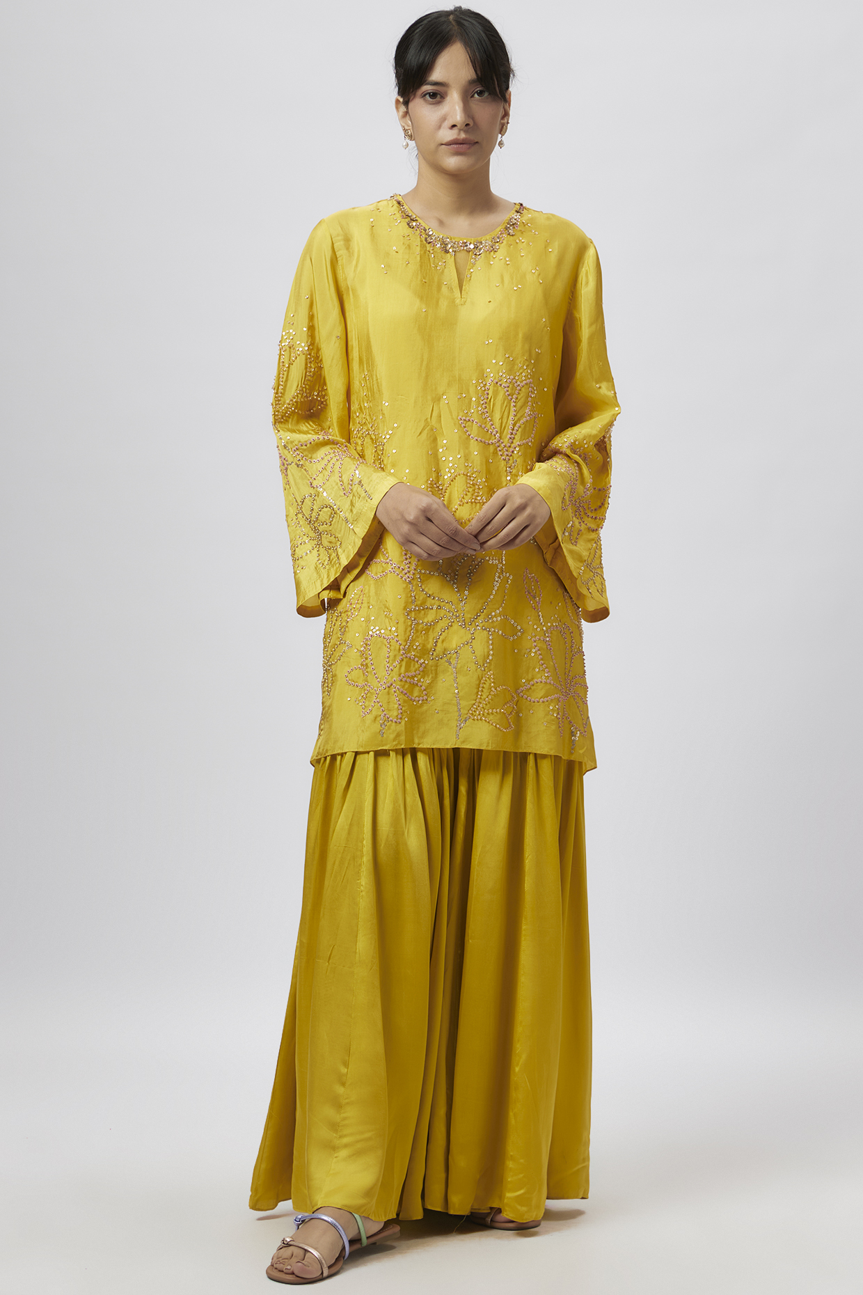 Yellow Viscose Silk Party Wear Sharara Set by One not two at Pernia's Pop Up Shop