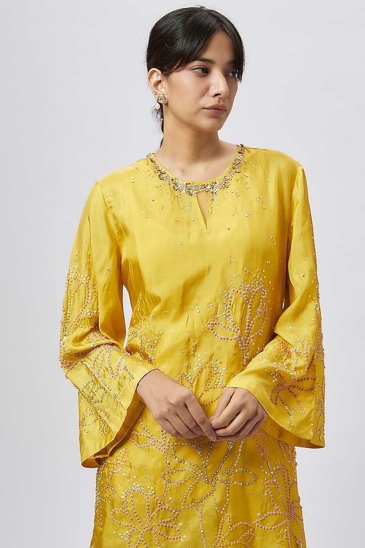 Yellow Viscose Silk Party Wear Sharara Set by One not two at Pernia's Pop Up Shop