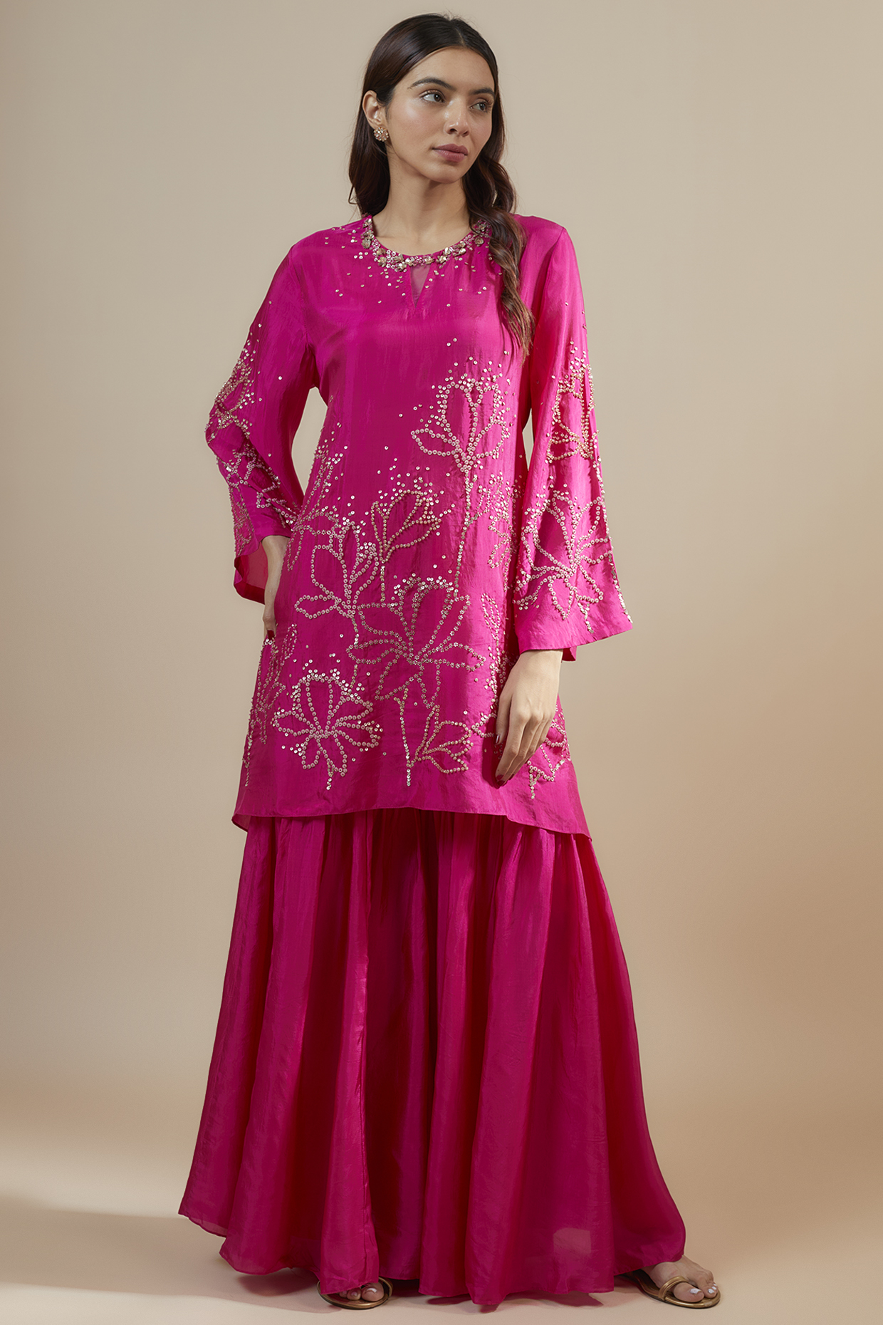 Pink Viscose Silk Party Wear Sharara Set by One not two at Pernia's Pop Up Shop