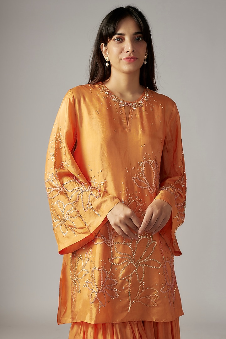 Orange Viscose Silk Party Wear Sharara Set by One not two at Pernia's Pop Up Shop