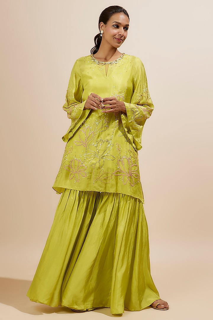 Lime Yellow Viscose Silk Sharara Set by One not two at Pernia's Pop Up Shop