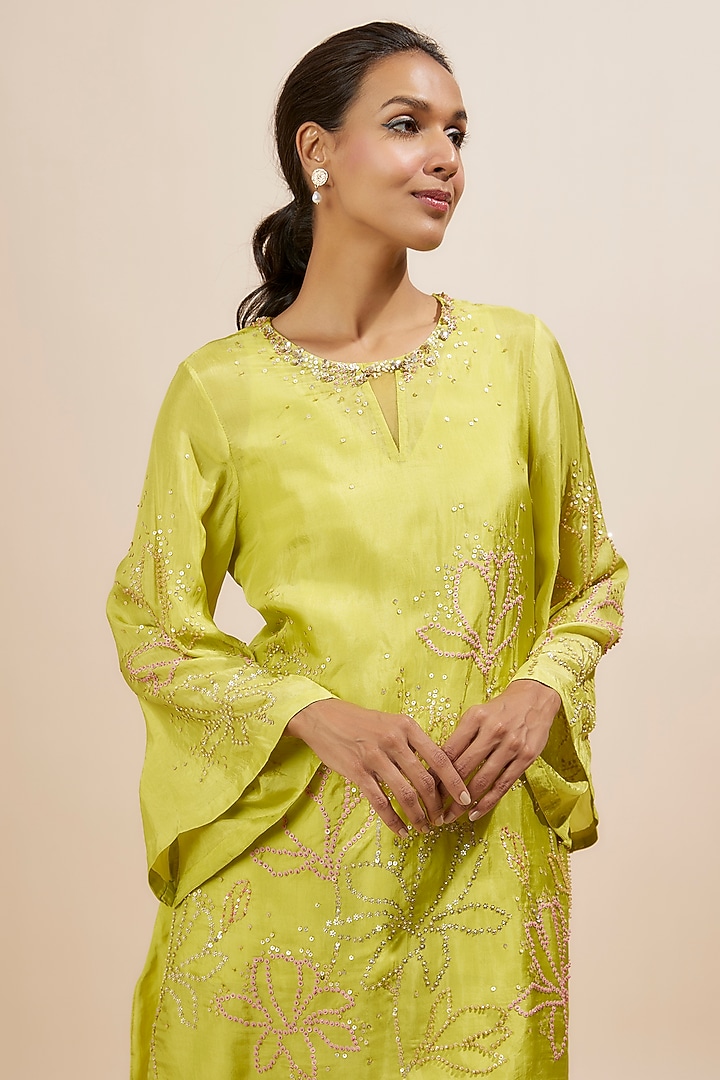 Lime Yellow Viscose Silk Party Wear Sharara Set by One not two at Pernia's Pop Up Shop