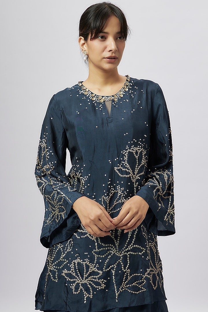 Blue Viscose Silk Party Wear Sharara Set by One not two at Pernia's Pop Up Shop