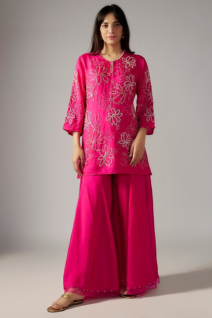 Pink Viscose Silk Gharara Set by One not two