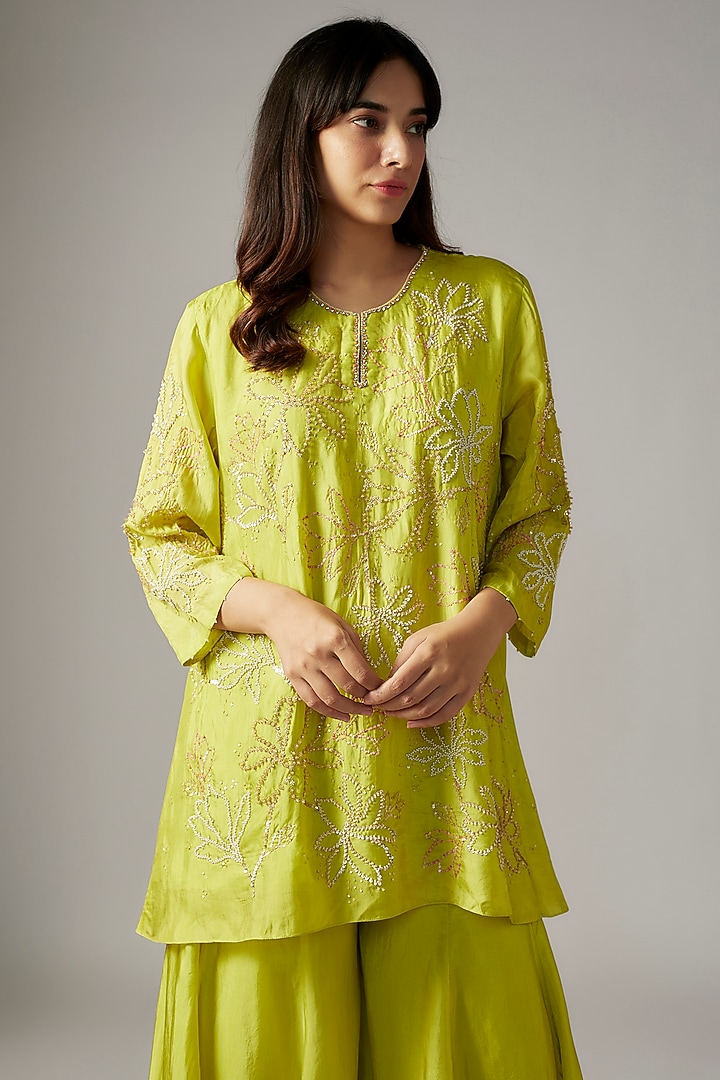 Yellow Viscose Silk Gharara Set by One not two at Pernia's Pop Up Shop