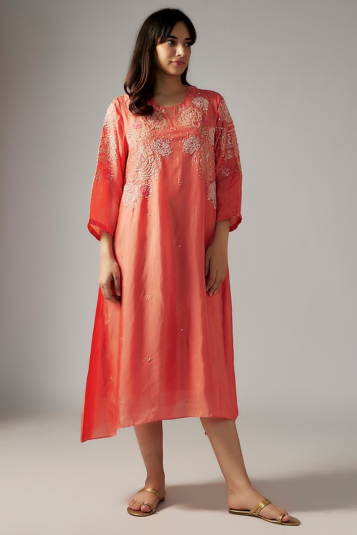 Coral Viscose Silk Hand Embroidered Kurta by One not two