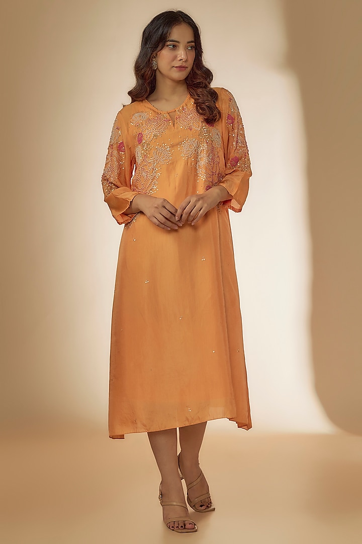 Papaya Orange Viscose Silk Sequins Hand Embroidered Kurta by One not two at Pernia's Pop Up Shop