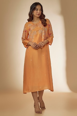 Papaya Orange Viscose Silk Sequins Hand Embroidered Kurta by One not two