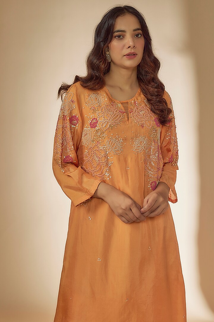 Papaya Orange Viscose Silk Sequins Hand Embroidered Kurta by One not two at Pernia's Pop Up Shop