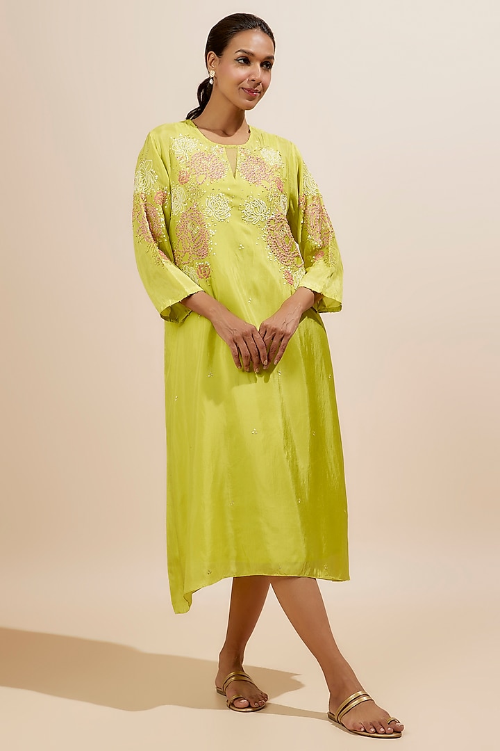 Citrine Yellow Viscose Silk Hand Embroidered Kurta by One not two