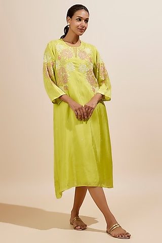 Citrine Yellow Viscose Silk Hand Embroidered Kurta by One not two