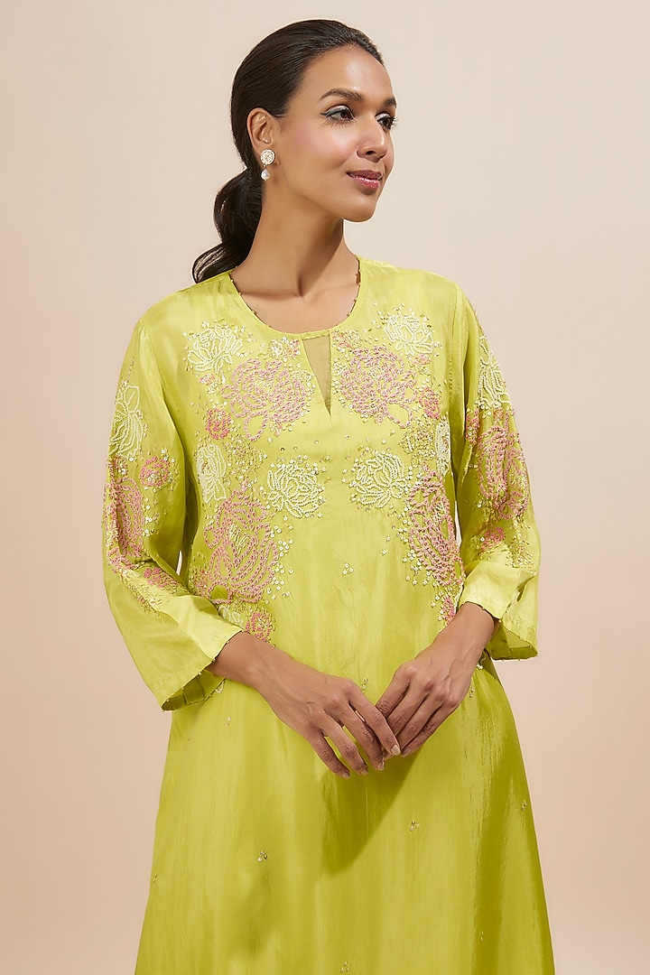 Citrine Yellow Viscose Silk Hand Embroidered Kurta by One not two at Pernia's Pop Up Shop