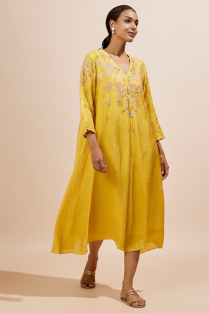 Mango Yellow Crushed Silk Floral Hand Embroidered Kurta by One not two